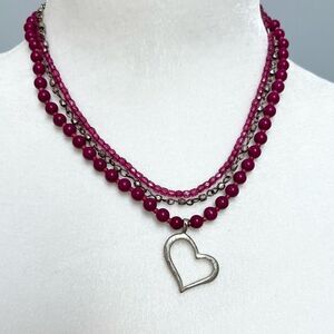 🍭6/$30 Pink multistrand beaded necklace with silver tone heart charm pendant Y2K